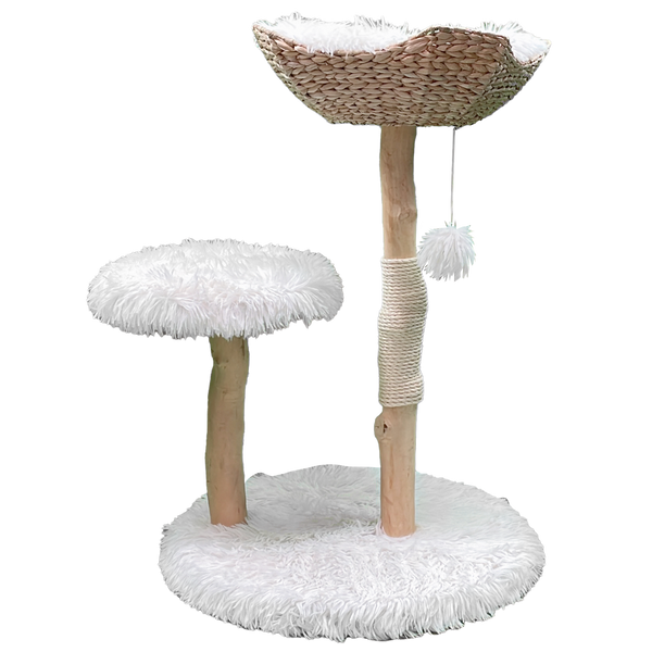 Furbulous Premium Real Wood Cat Tree with Rattan and Plush Fabric