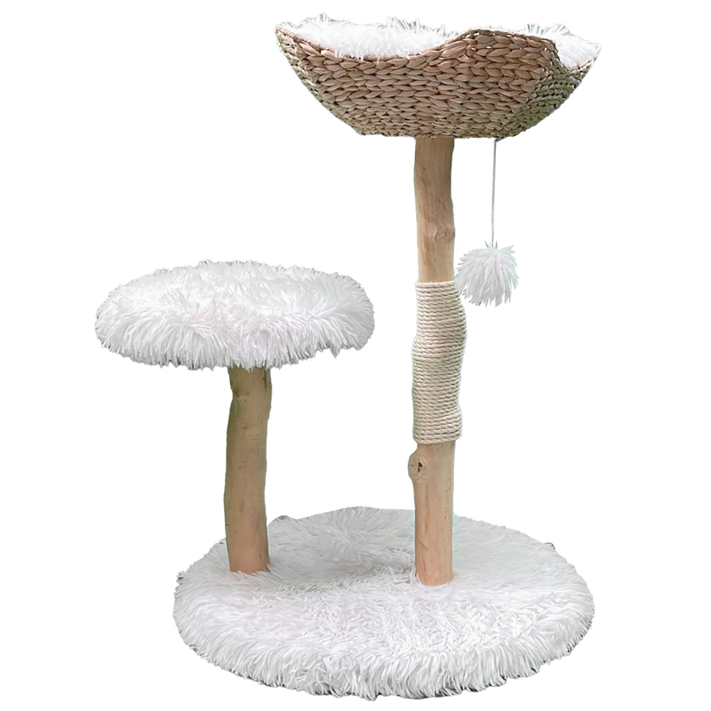 Furbulous Premium Real Wood Cat Tree with Rattan and Plush Fabric