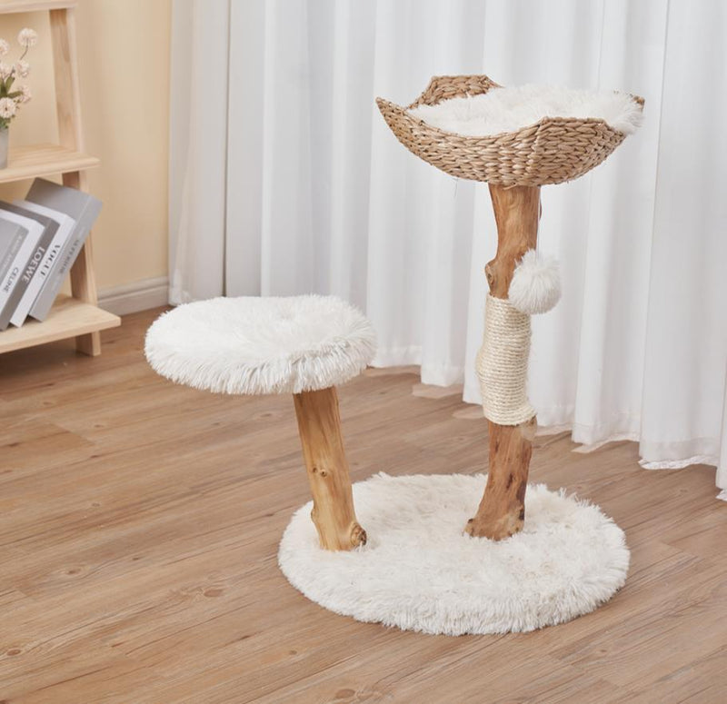 Furbulous Premium Real Wood Cat Tree with Rattan and Plush Fabric