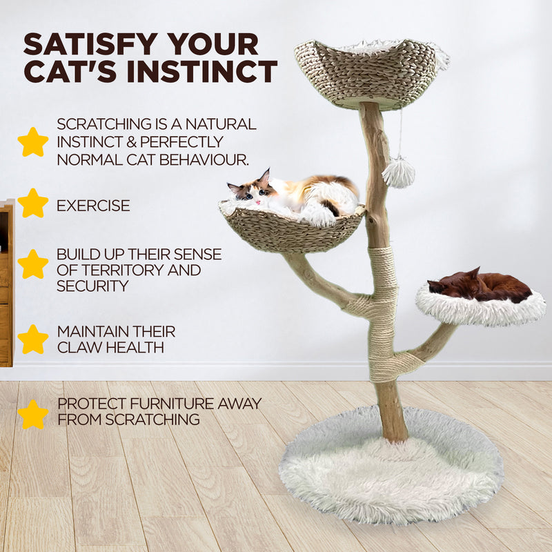 Furbulous Premium Real Wood Cat Tree with Rattan and Plush Fabric