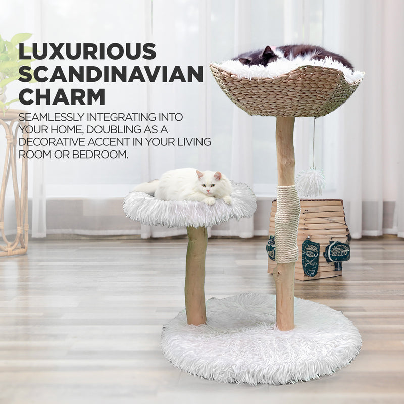 Furbulous Premium Real Wood Cat Tree with Rattan and Plush Fabric