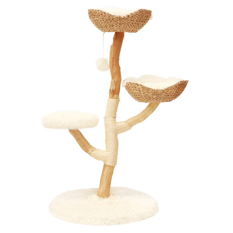 Furbulous Premium Real Wood Cat Tree with Rattan and Plush Fabric