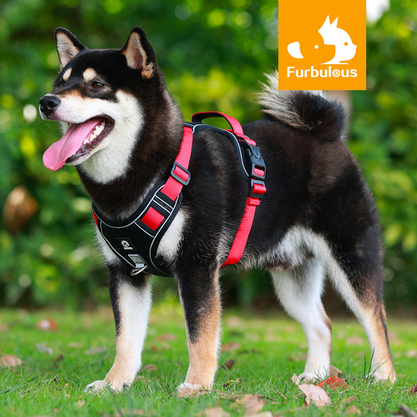 Furbulous Tactical Dog Harness Adjustable No Pull Pet Harness Reflective Working Training Dog Harness with 1.5m Lead - Red Small