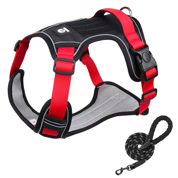 Furbulous Tactical Dog Harness Adjustable No Pull Pet Harness Reflective Working Training Dog Harness with 1.5m Lead - Red Small