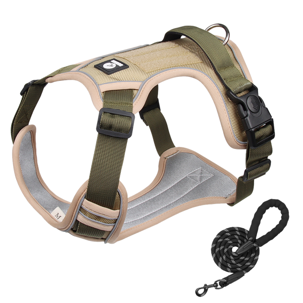 Furbulous Tactical Dog Harness Adjustable No Pull Pet Harness Reflective Working Training Dog Harness with 1.5m Lead - Khaki Small