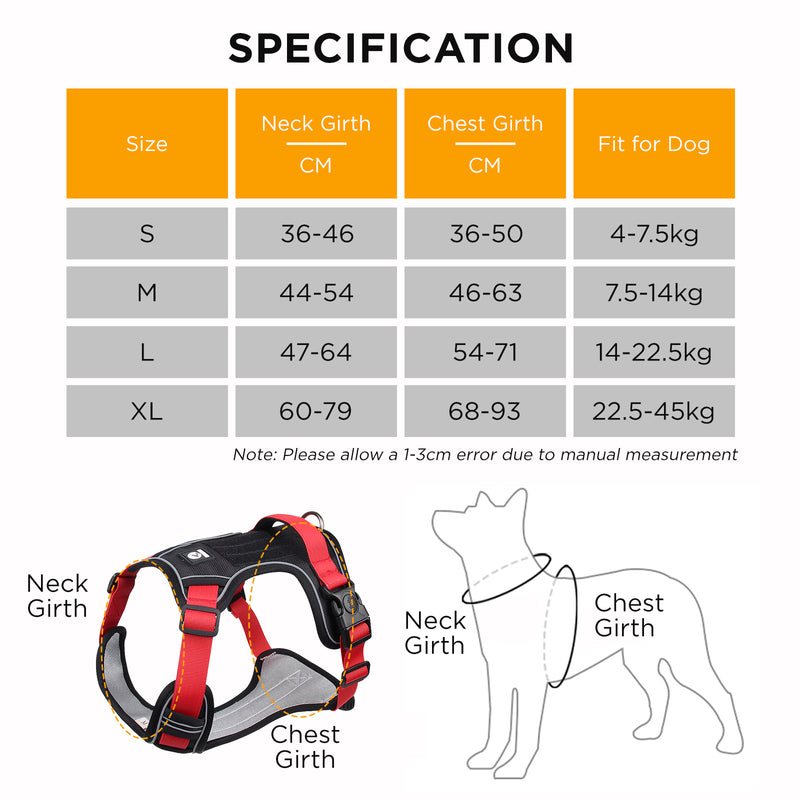 Furbulous Tactical Dog Harness Adjustable No Pull Pet Harness Reflective Working Training Dog Harness with 1.5m Lead - Red XL