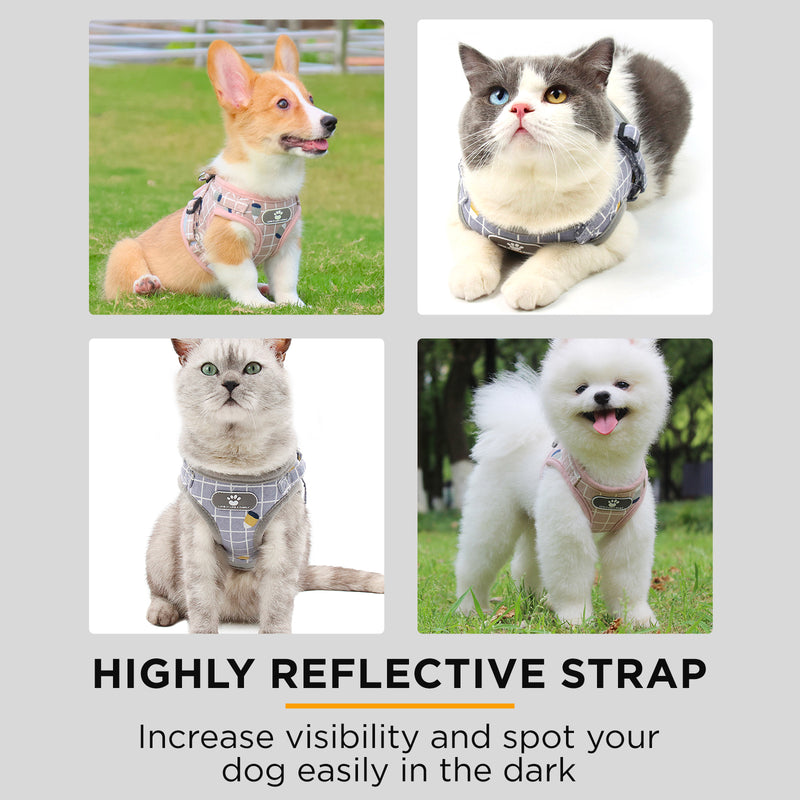Furbulous No Pull Cat Small Dog Harness and Lead Set Adjustable Reflective Step-in Vest Harnesses Mesh Padded Plaid Escape Proof Puppy Jacket - Grey Large