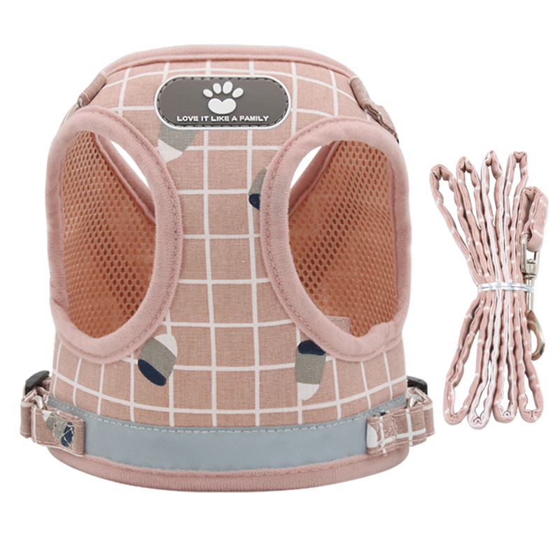 Furbulous No Pull Cat Small Dog Harness and Lead Set Adjustable Reflective Step-in Vest Harnesses Mesh Padded Plaid Escape Proof Puppy Jacket - Pink Medium