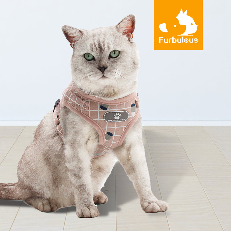 Furbulous No Pull Cat Small Dog Harness and Lead Set Adjustable Reflective Step-in Vest Harnesses Mesh Padded Plaid Escape Proof Puppy Jacket - Grey Large