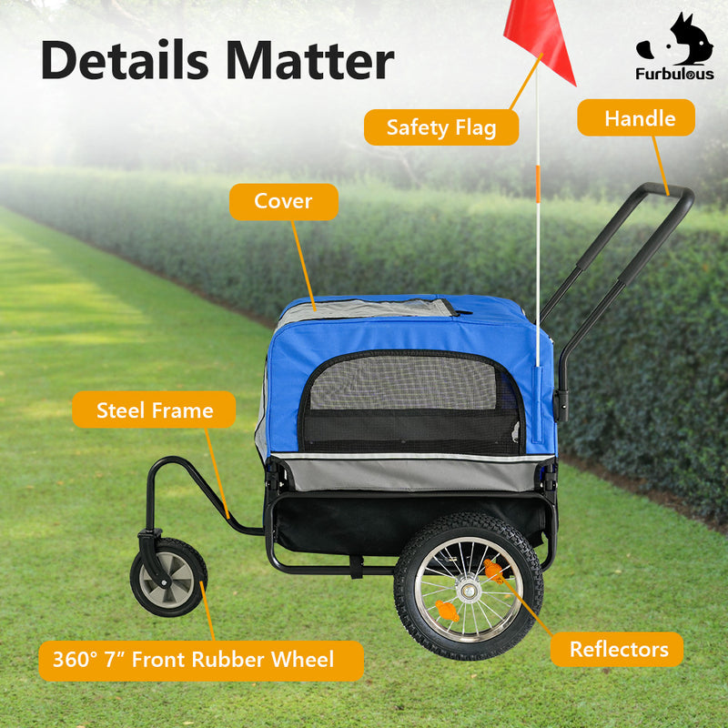 Furbulous Pet Bike Trailers 30kg Dog Stroller Outdoor Bicycle Covered Carrier Blue Grey