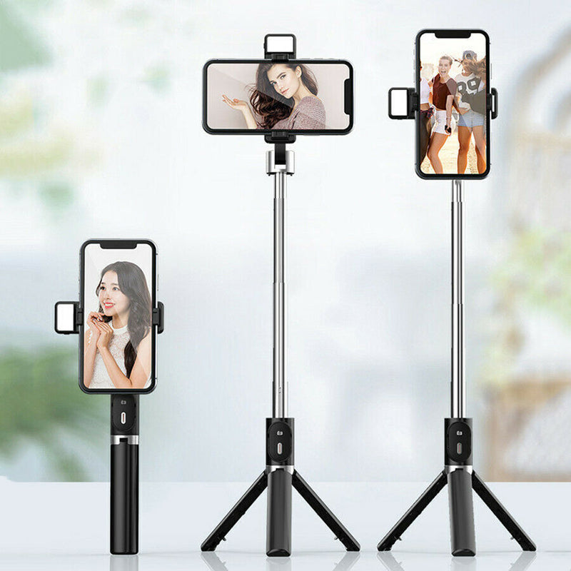 Selfie Stick Bluetooth Extendable Foldable Tripod with Dual Lights and Detachable Wireless Remote for iPhone and Android - White