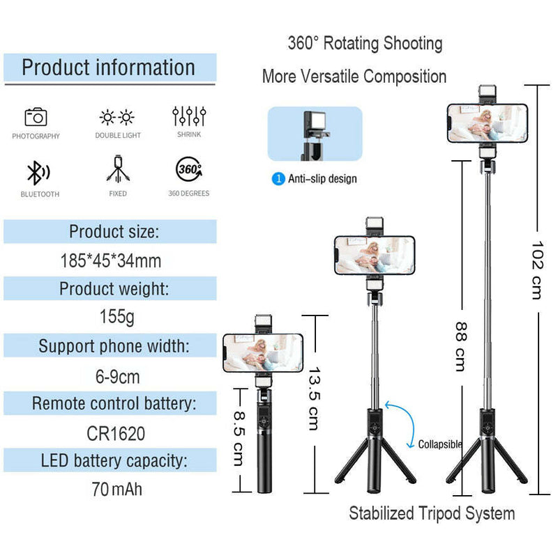 REMAX Selfie Stick Handheld Tripod Bluetooth Shutter For iPhone Samsung Dual Lights