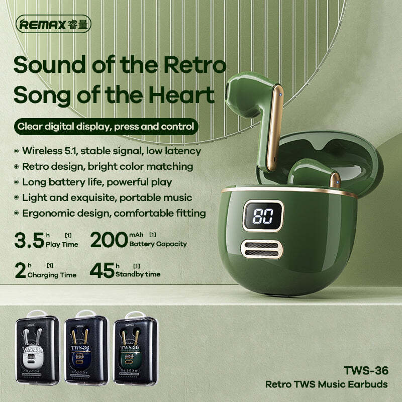 TWS True Stereo Wireless in ear Headphones with Microphone and on Case Status Display - Green