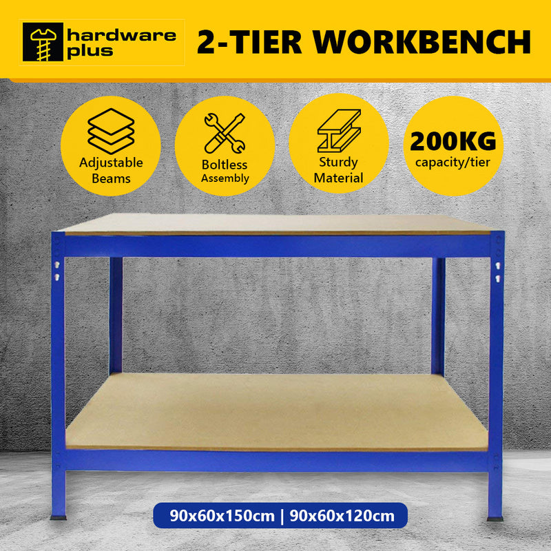 HARDWARE PLUS 2-Tier Workbench Shelving Rack Storage Garage Warehouse 150cm