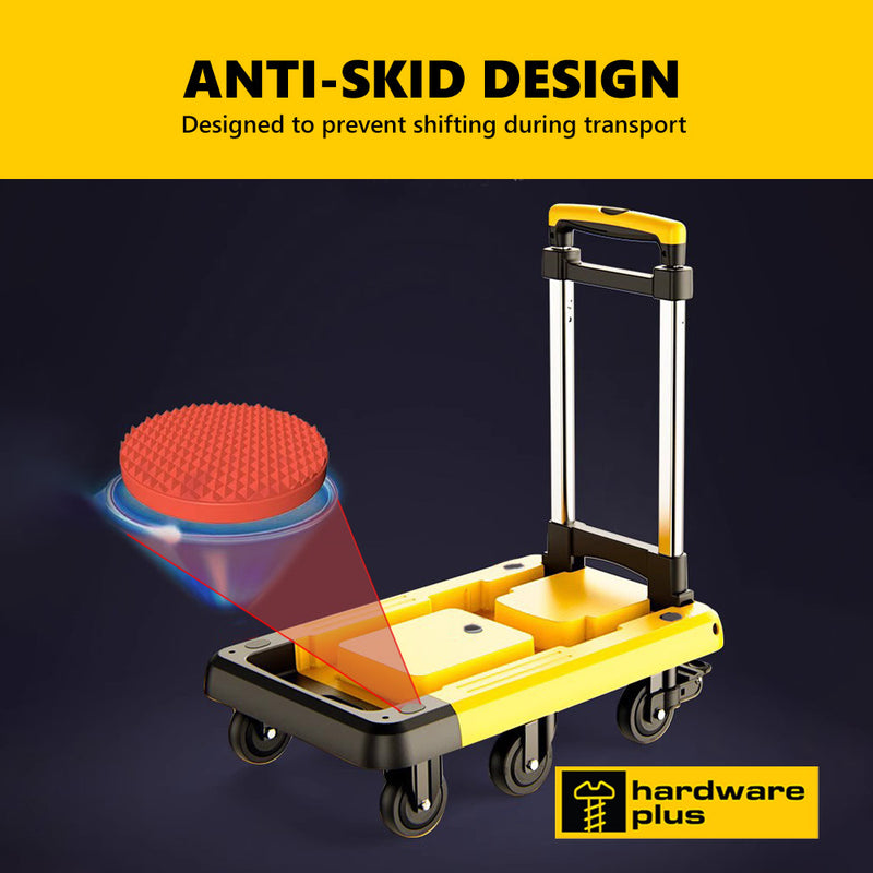 Hardware Plus Folding Hand Truck Trolley with 6 Wheels Brakes Moving Foldable - Yellow