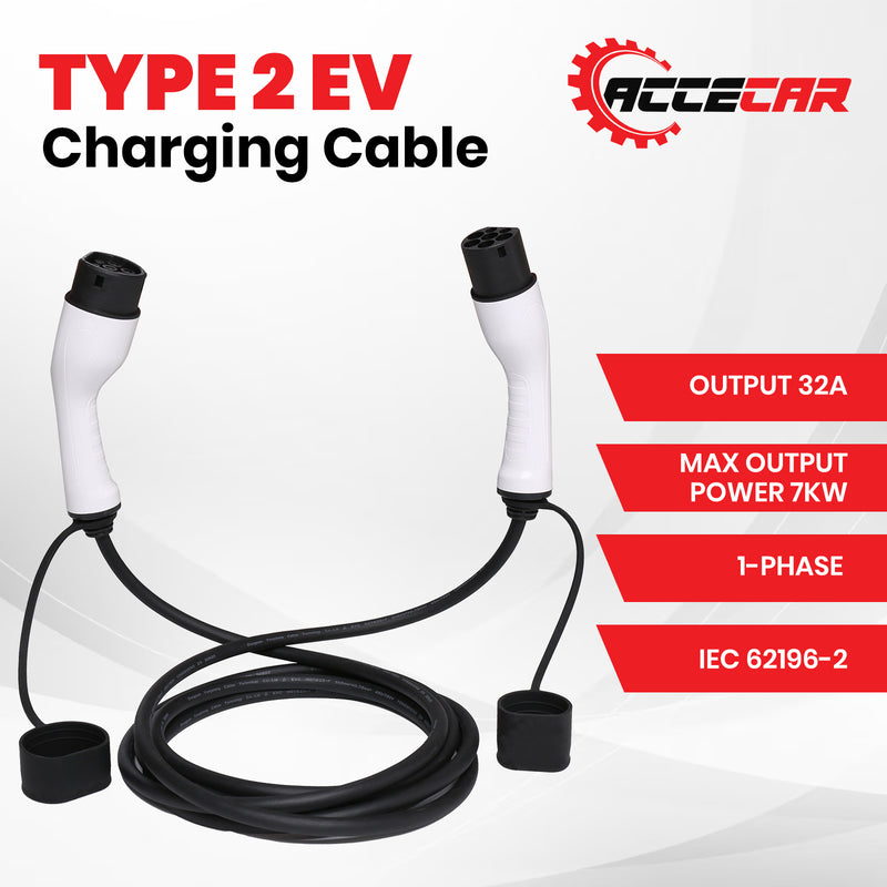 Accecar EV Power Cable Type 2 Universal Portable Charging 5M 32A 7kW 1-Phase For BYD Atto 3 Tesla