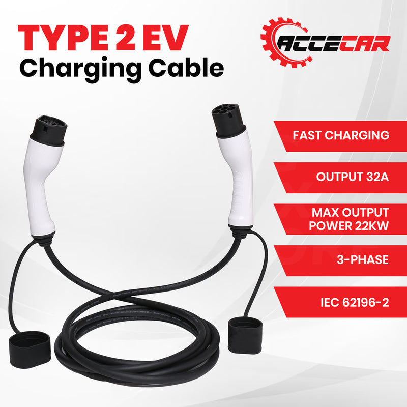 Accecar EV Power Cable Type 2 to Type 2 Universal Portable Charging 5M 32A 7kW 22kW For BYD Atto 3 Tesla
