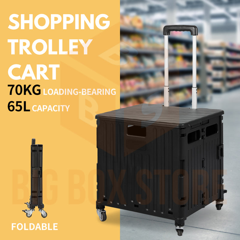 Viviendo 65L Foldable Shopping Trolley Cart Portable Grocery Basket Rolling Wheel with Top Cover - Black