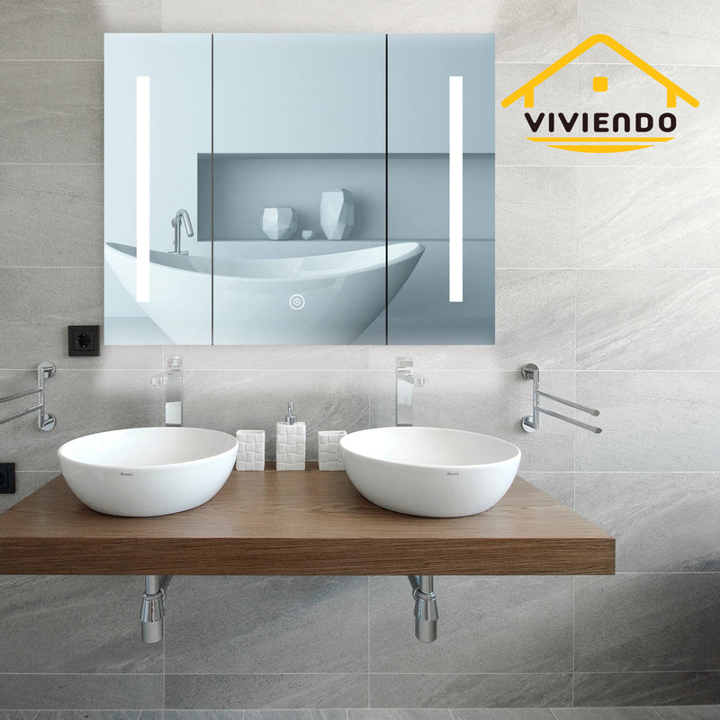 Viviendo Bathroom Shaving Mirror Cabinet LED Light Vanity Stainless Steel 90 x 72cm 3 Door