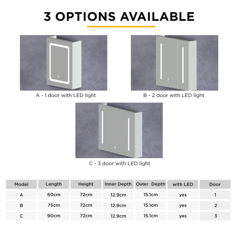 Viviendo Bathroom Shaving Mirror Cabinet LED Light Vanity Stainless Steel 90 x 72cm 3 Door