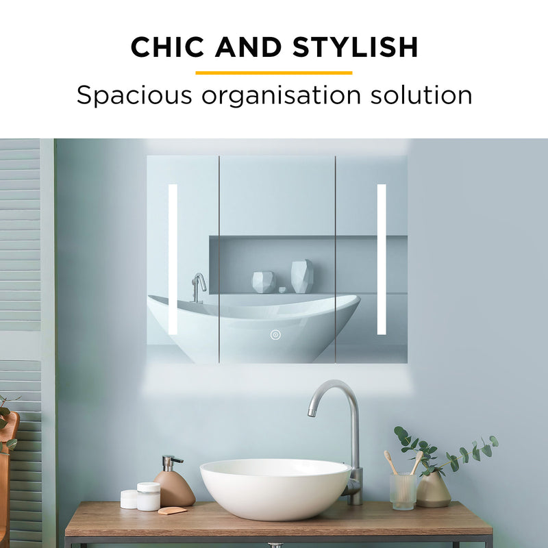 Viviendo Bathroom Shaving Mirror Cabinet LED Light Vanity Stainless Steel 90 x 72cm 3 Door