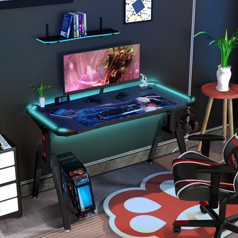 Viviendo 1.4m Gaming Desk Office Table Desktop with LED Feature Light and USB & Wireless Charger - Black