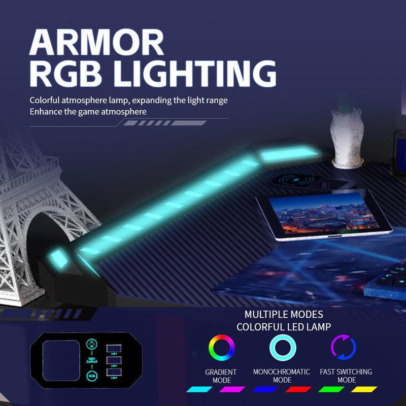 Viviendo 1.4m Gaming Desk Office Table Desktop with LED Feature Light and USB & Wireless Charger - Black