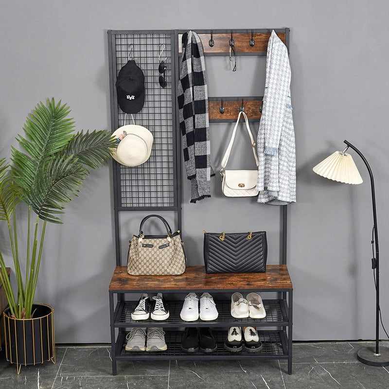 Viviendo Coat Clothes Rack Shoe Storage Bench with Grid Wall and Hooks in Industrial Style