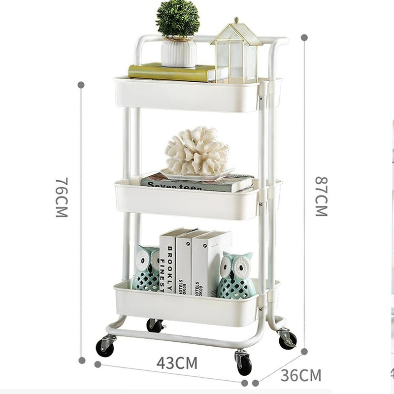 Viviendo 3 Tier Organiser Trolley in Carbon Steel & Plastic with Omnidirectional Wheels and Metal Frame - White