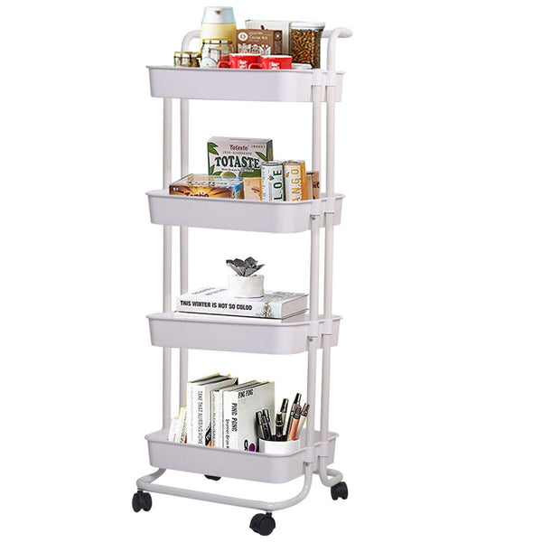 Viviendo 4 Tier Organiser Trolley in Carbon steel & Plastic with Omnidirectional Wheels and Metal Frame With Handle - White