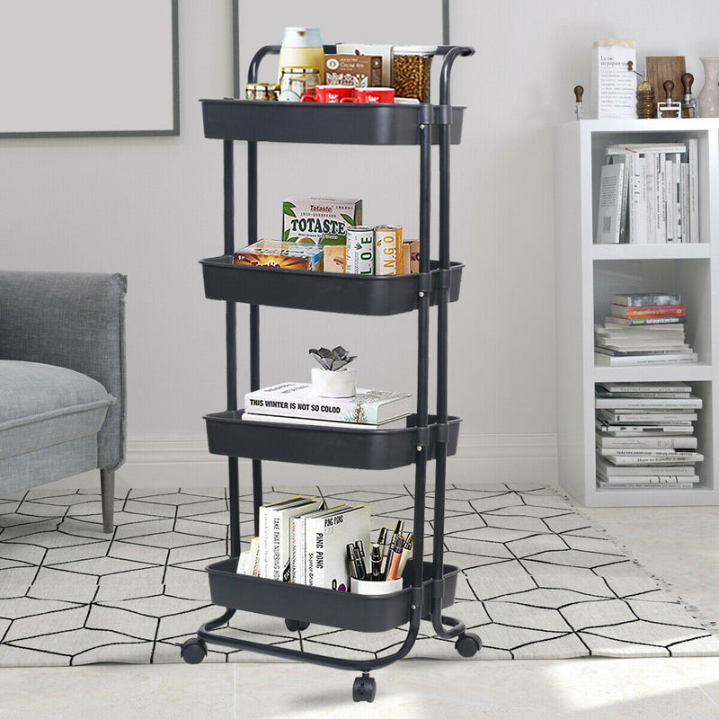 Viviendo 4 Tier Organiser Trolley in Carbon steel & Plastic with Omnidirectional Wheels and Metal Frame With Handle - Black