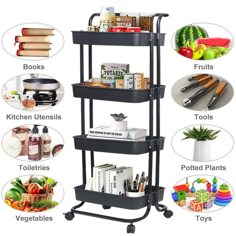 Viviendo 4 Tier Organiser Trolley in Carbon steel & Plastic with Omnidirectional Wheels and Metal Frame With Handle - Black