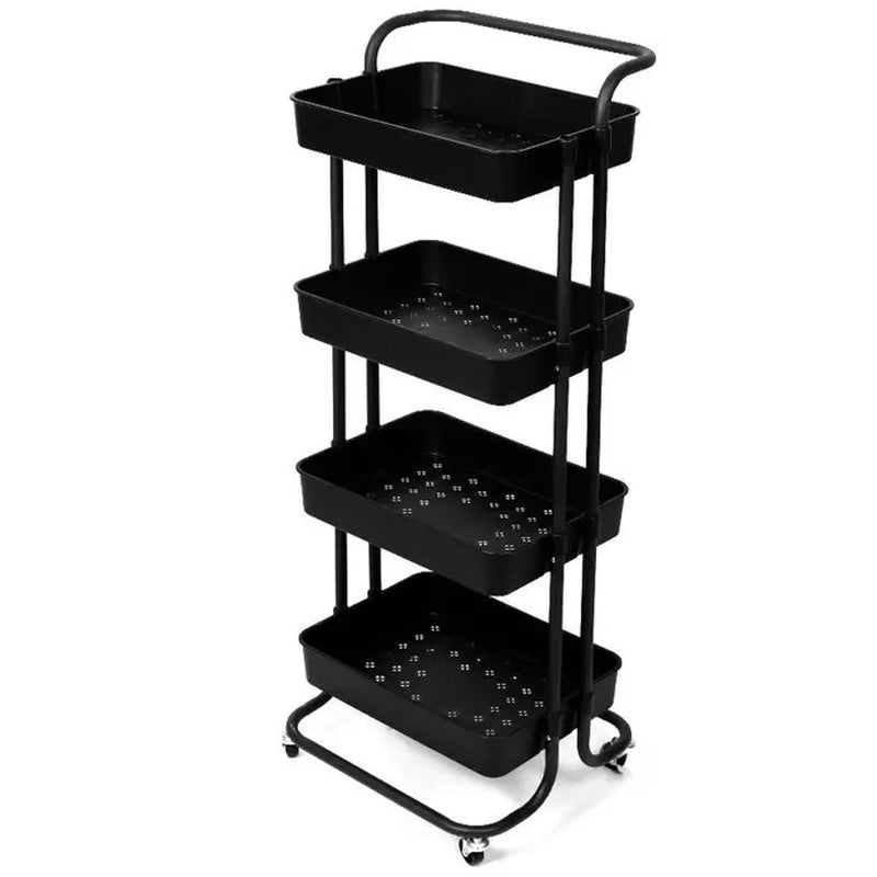 Viviendo 4 Tier Organiser Trolley in Carbon steel & Plastic with Omnidirectional Wheels and Metal Frame With Handle - Black